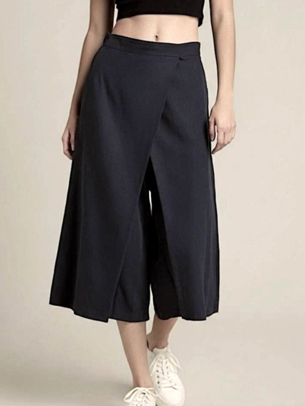 TIBI City Wrap Wide Leg Stretch Culotte Midi Pants Size 6 Black